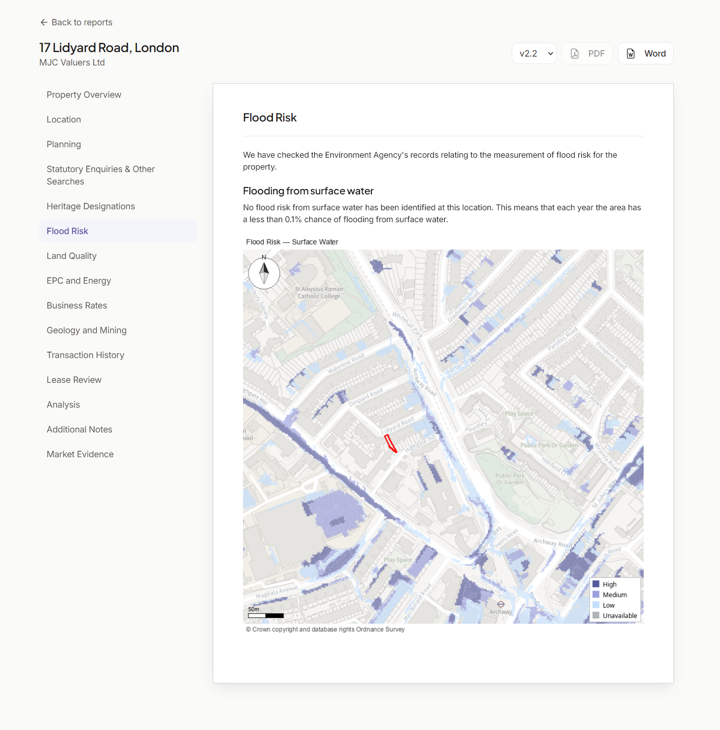 Skylight report editor showing a draft valuation report ready for client delivery